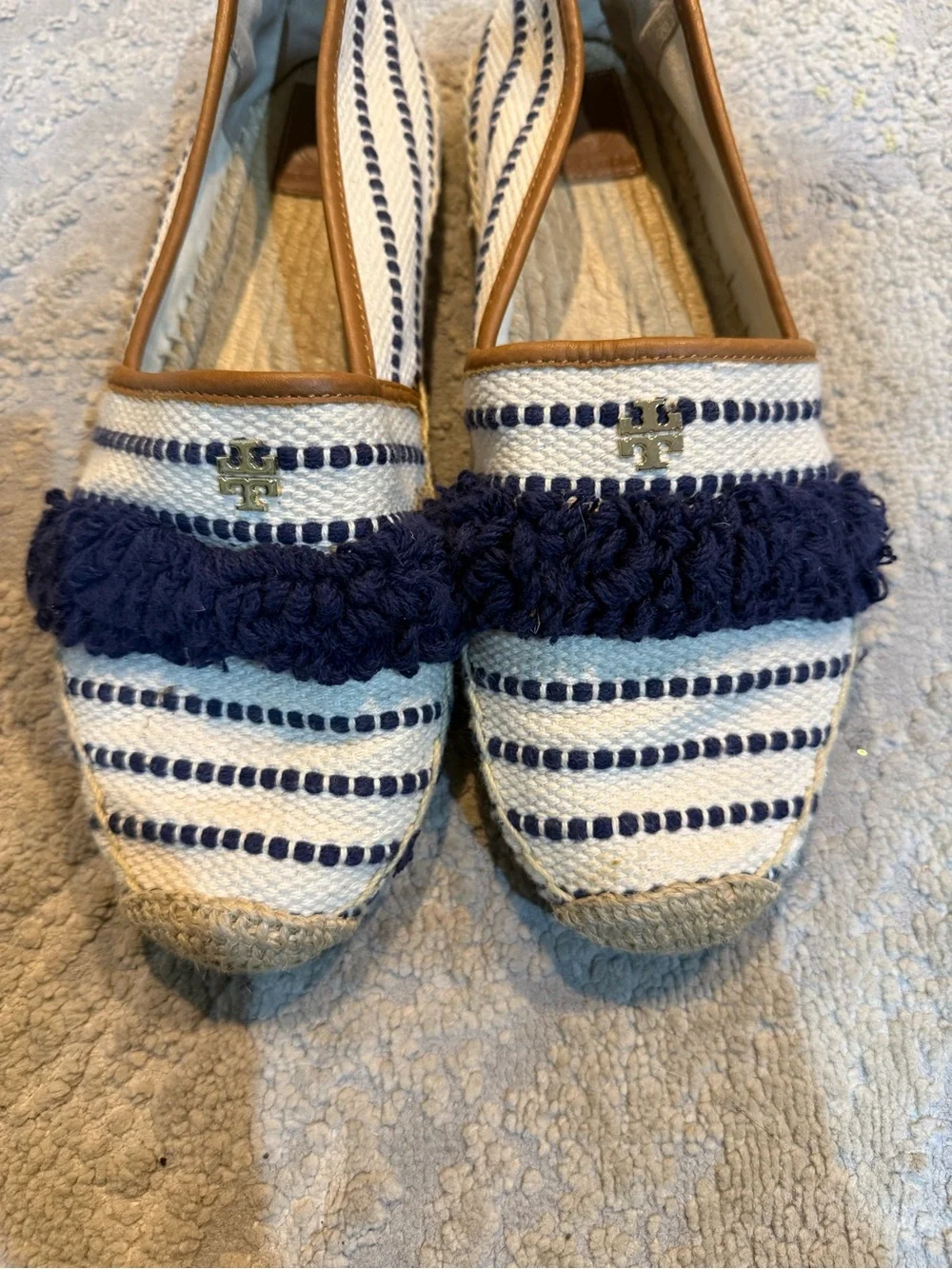 Tory Burch Shaw Fringe Espadrilles Navy Cream Stripe Slip On 10.5
